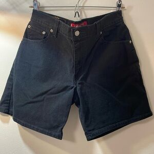 Black high-waisted longer length Levi’s shorts